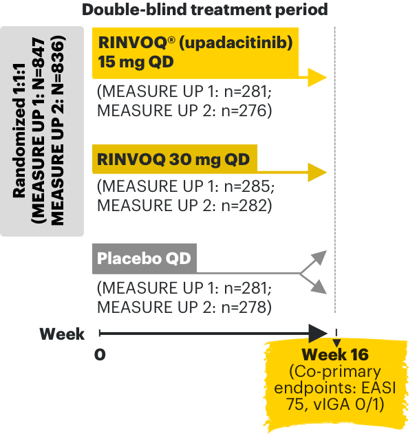 Chart outlining the Study Design of the Measure Up 1 and 2 study with RINVOQ® (upadacitinib).