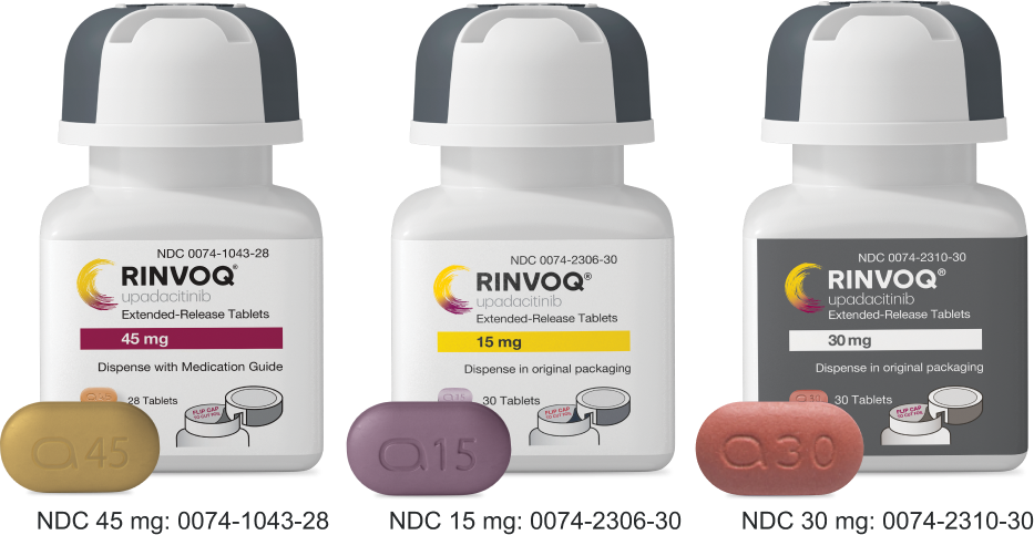 RINVOQ 45mg bottle, RINVOQ 15mg bottle, and RINVOQ 30mg bottle