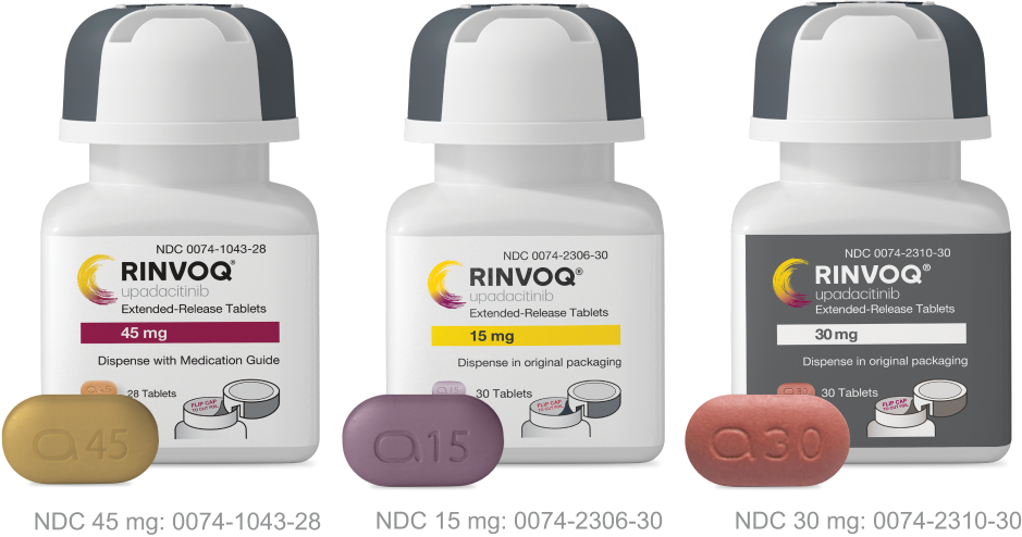 RINVOQ 45mg bottle, RINVOQ 15mg bottle, and RINVOQ 30mg bottle