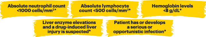 Absolute lymphocyte count <500 cells/mm3*; Absolute neutrophil count <1000 cells/mm3*; Hemoglobin levels <8 g/dL*; Elevated hepatic transaminases and drug-induced liver injury is suspected; Patient develops a serious infection*