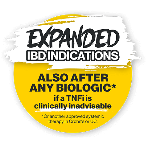 Expanded IBD indications. Also indicated after any biologic or another approved systemic therapy in Crohn’s or UC, if a TNFi is clinically inadvisable.